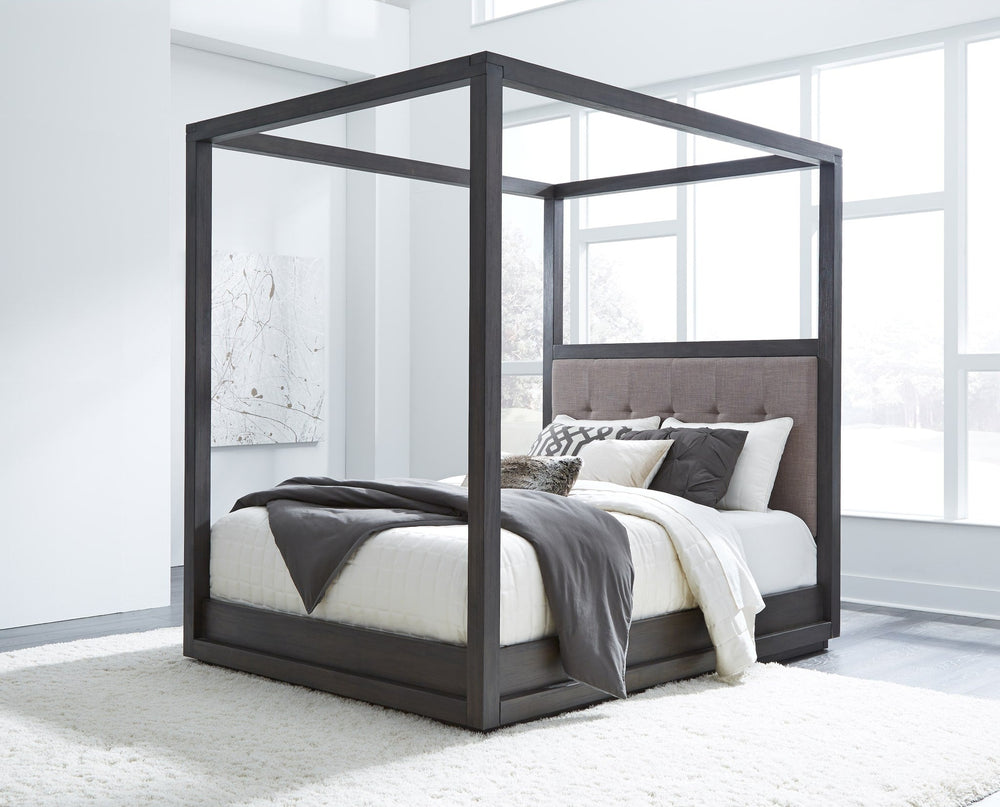 Oxford Upholstered Canopy Bed in Basalt Grey styled in a bedroom