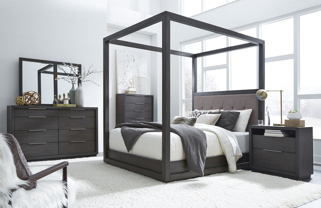 Oxford Upholstered Canopy Bed in Basalt Grey styled in a bedroom