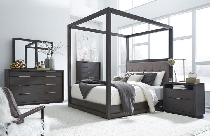 Oxford Upholstered Canopy Bed in Basalt Grey styled in a bedroom
