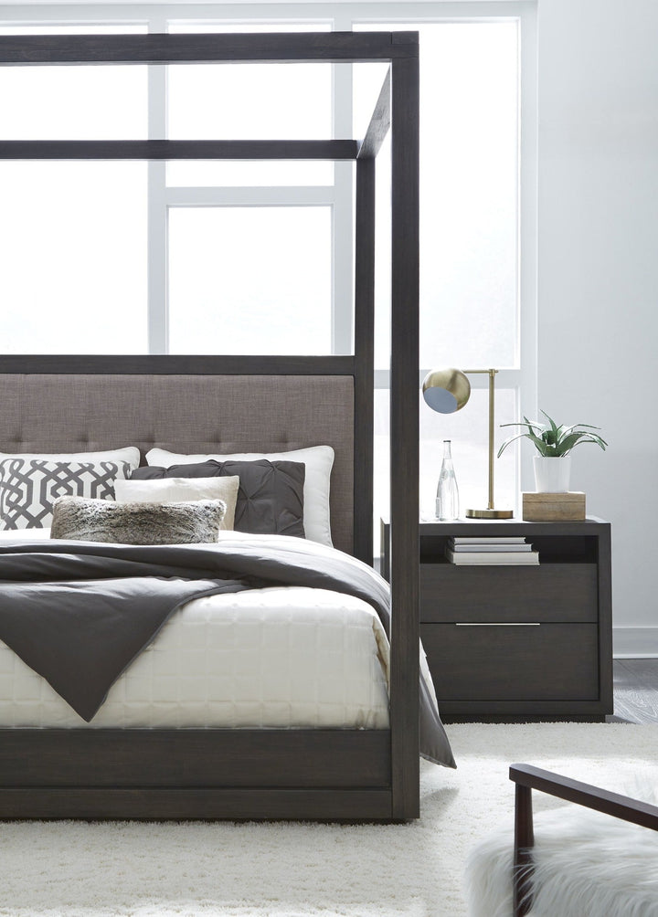 Oxford Upholstered Canopy Bed in Basalt Grey styled in a bedroom