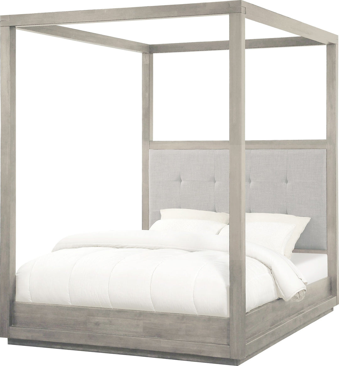 Oxford Upholstered Canopy Bed in Mineral — white background, angled view