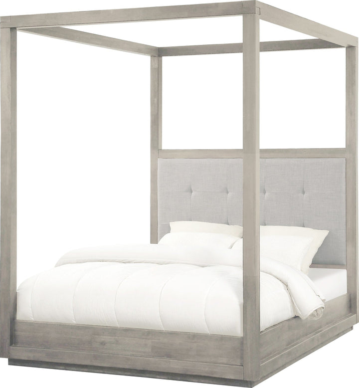 Oxford Upholstered Canopy Bed in Mineral — white background, angled view