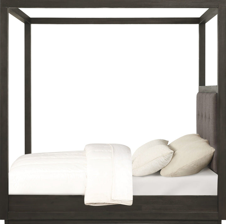 Oxford Upholstered Canopy Bed in Basalt Grey — white background, side profile