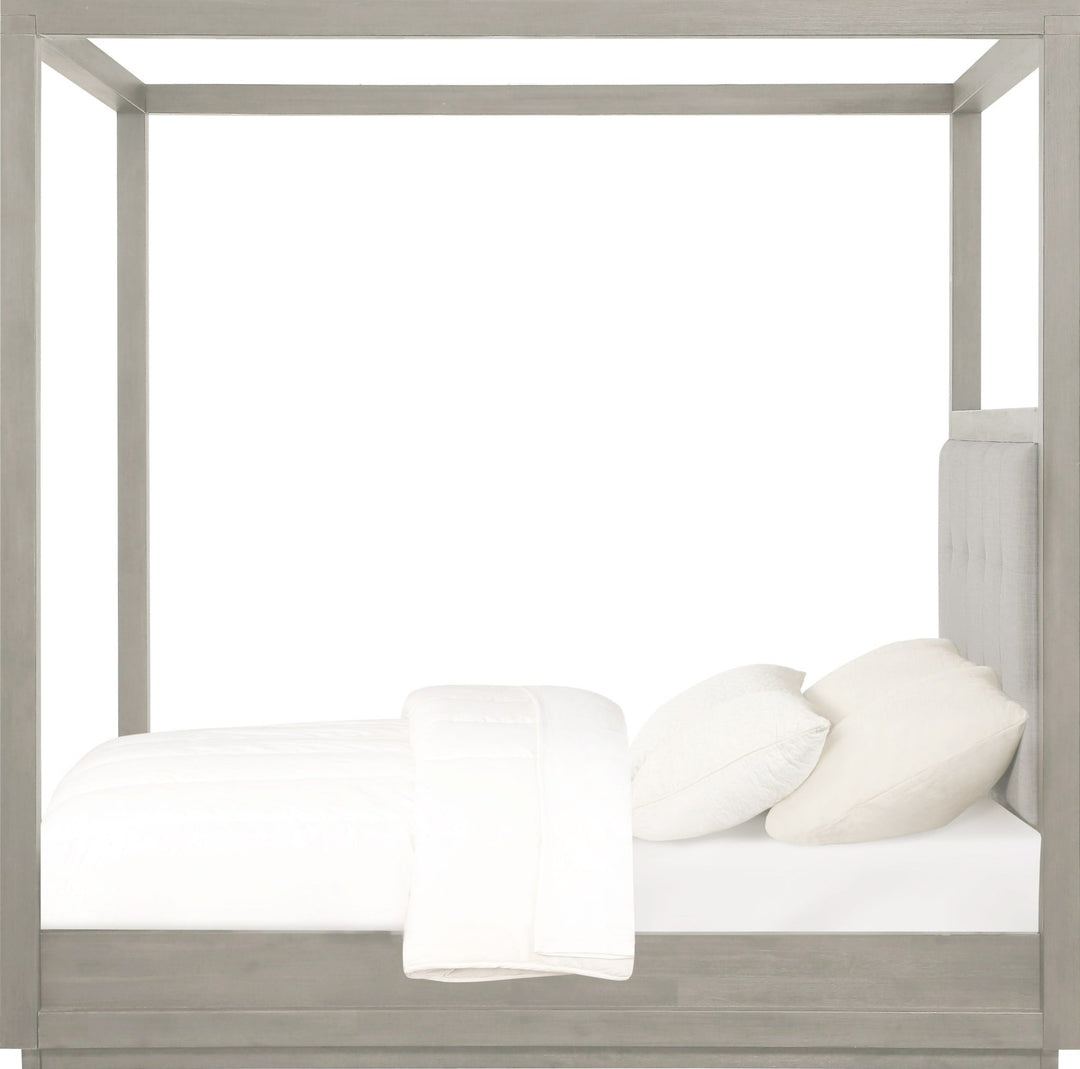Oxford Upholstered Canopy Bed in Mineral — white background, side profile