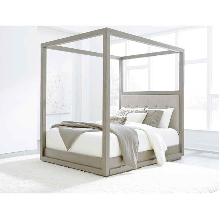Oxford Upholstered Canopy Bed in Mineral styled in a bedroom