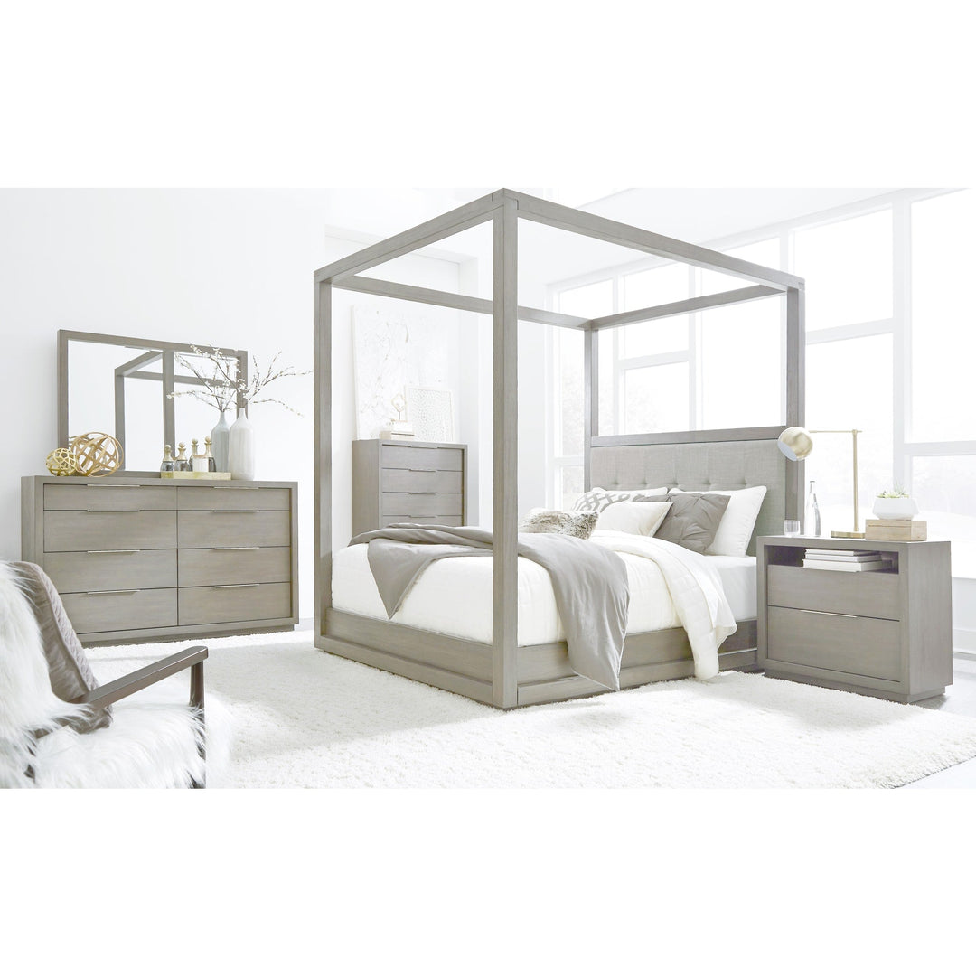 Oxford Upholstered Canopy Bed in Mineral styled in a bedroom