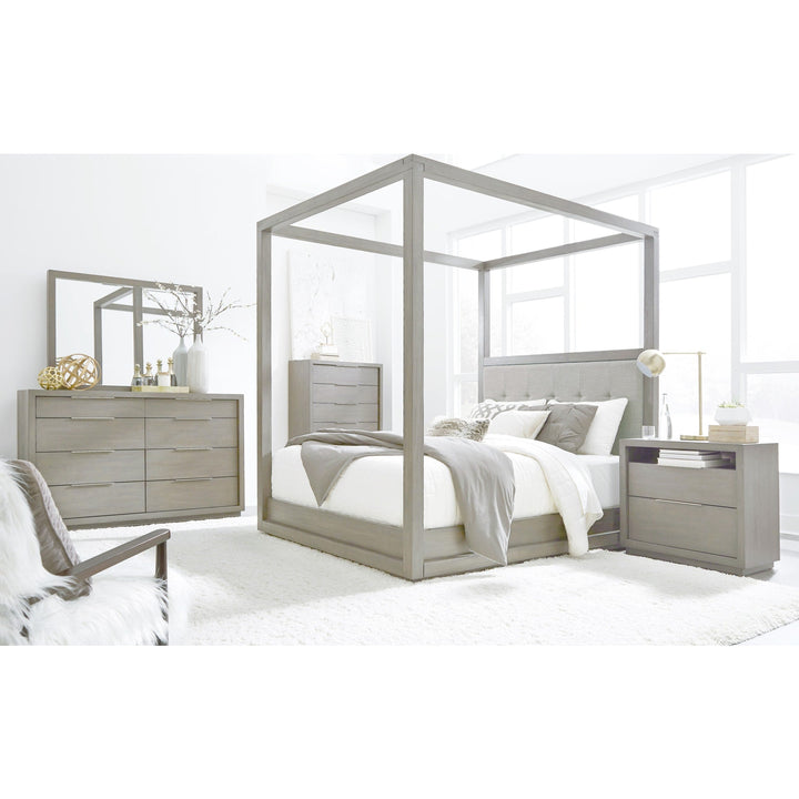 Oxford Upholstered Canopy Bed in Mineral styled in a bedroom