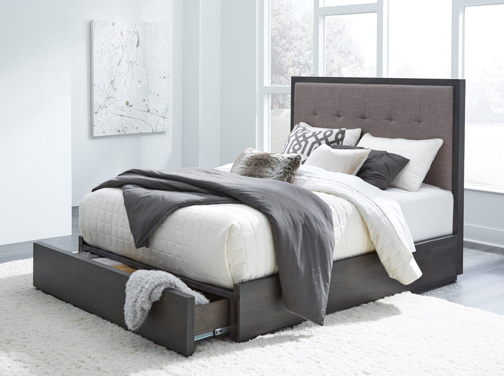Oxford Upholstered Footboard Storage Bed in Basalt Grey styled in a bedroom