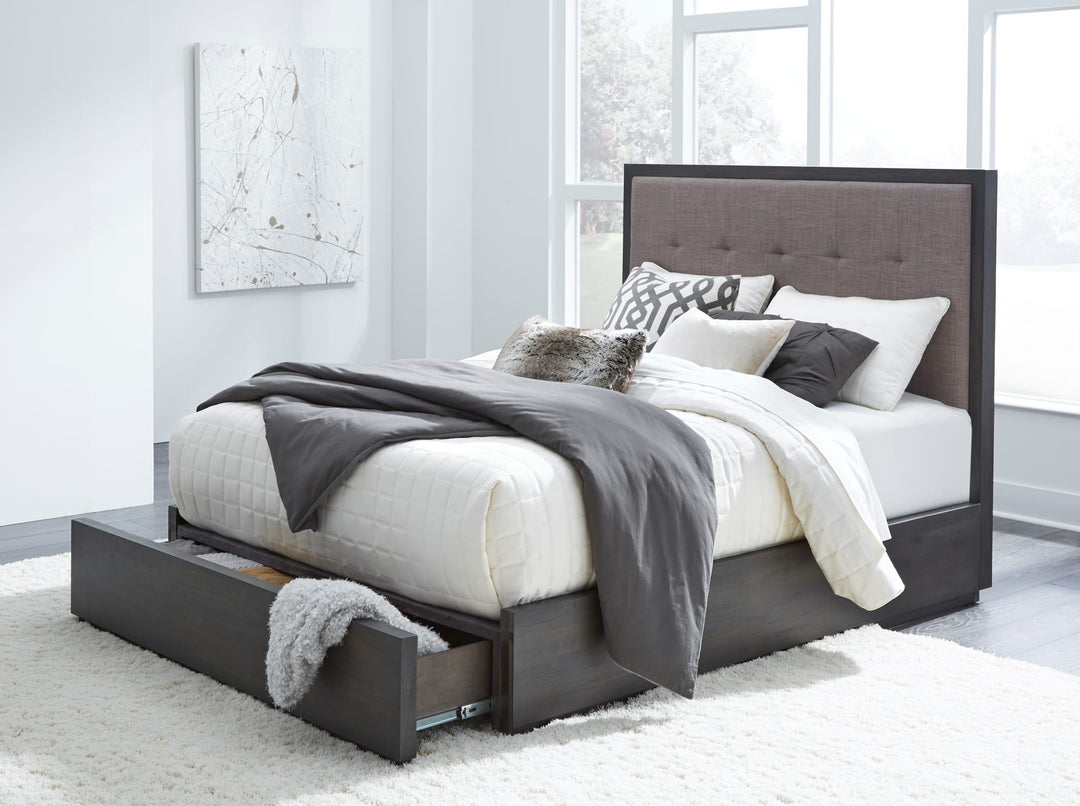 Oxford Upholstered Footboard Storage Bed in Basalt Grey styled in a bedroom