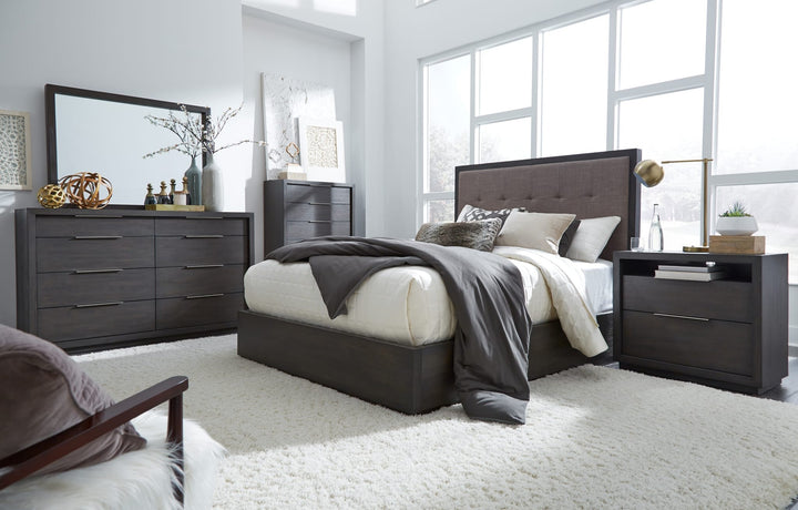 Oxford Upholstered Footboard Storage Bed in Basalt Grey styled in a bedroom