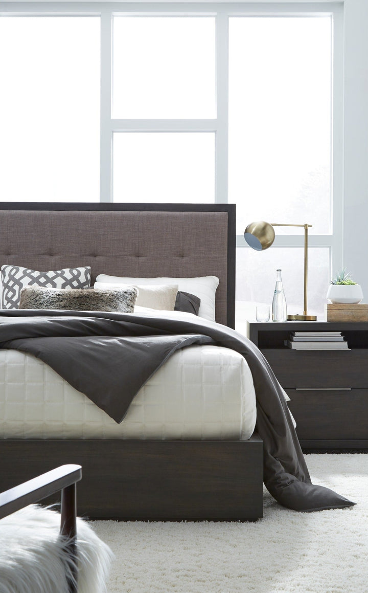 Oxford Upholstered Footboard Storage Bed in Basalt Grey styled in a bedroom