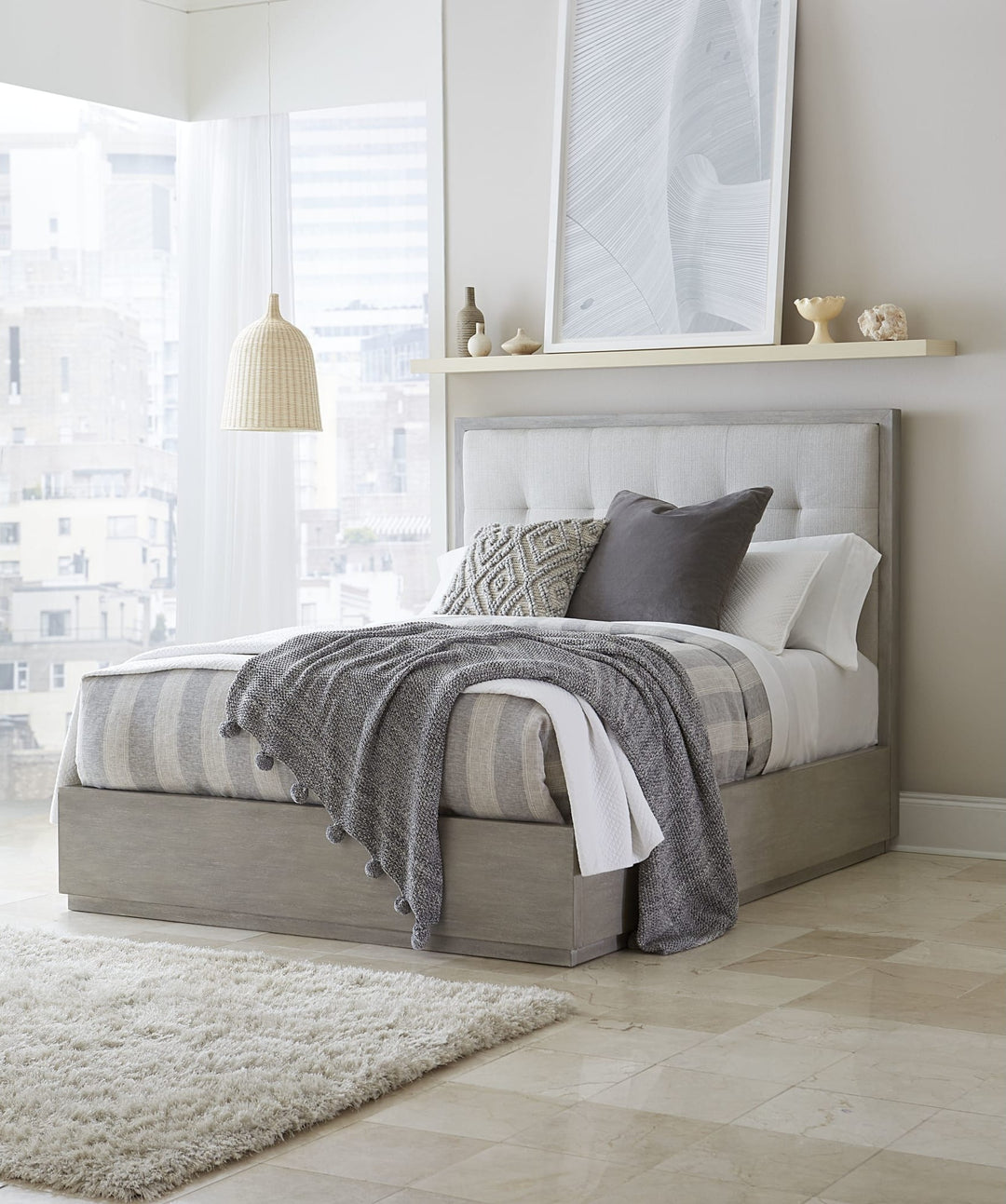 Oxford Upholstered Footboard Storage Bed in Mineral styled in a bedroom