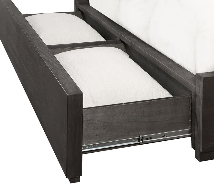Oxford Upholstered Footboard Storage Bed in Basalt Grey — close-up of the footboard storage drawers