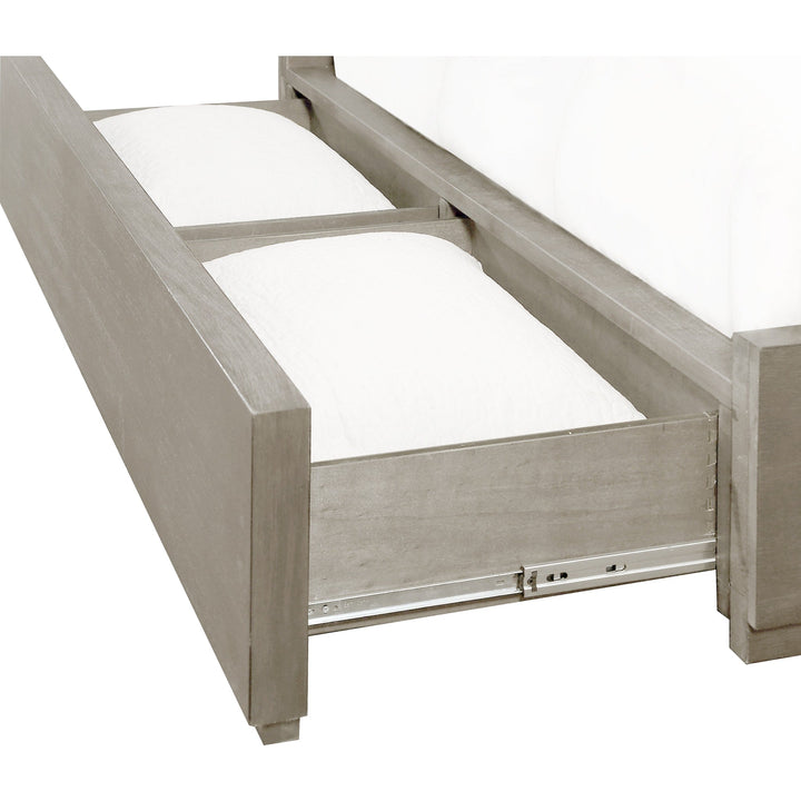 Oxford Upholstered Footboard Storage Bed in Mineral — close-up of the footboard storage drawers
