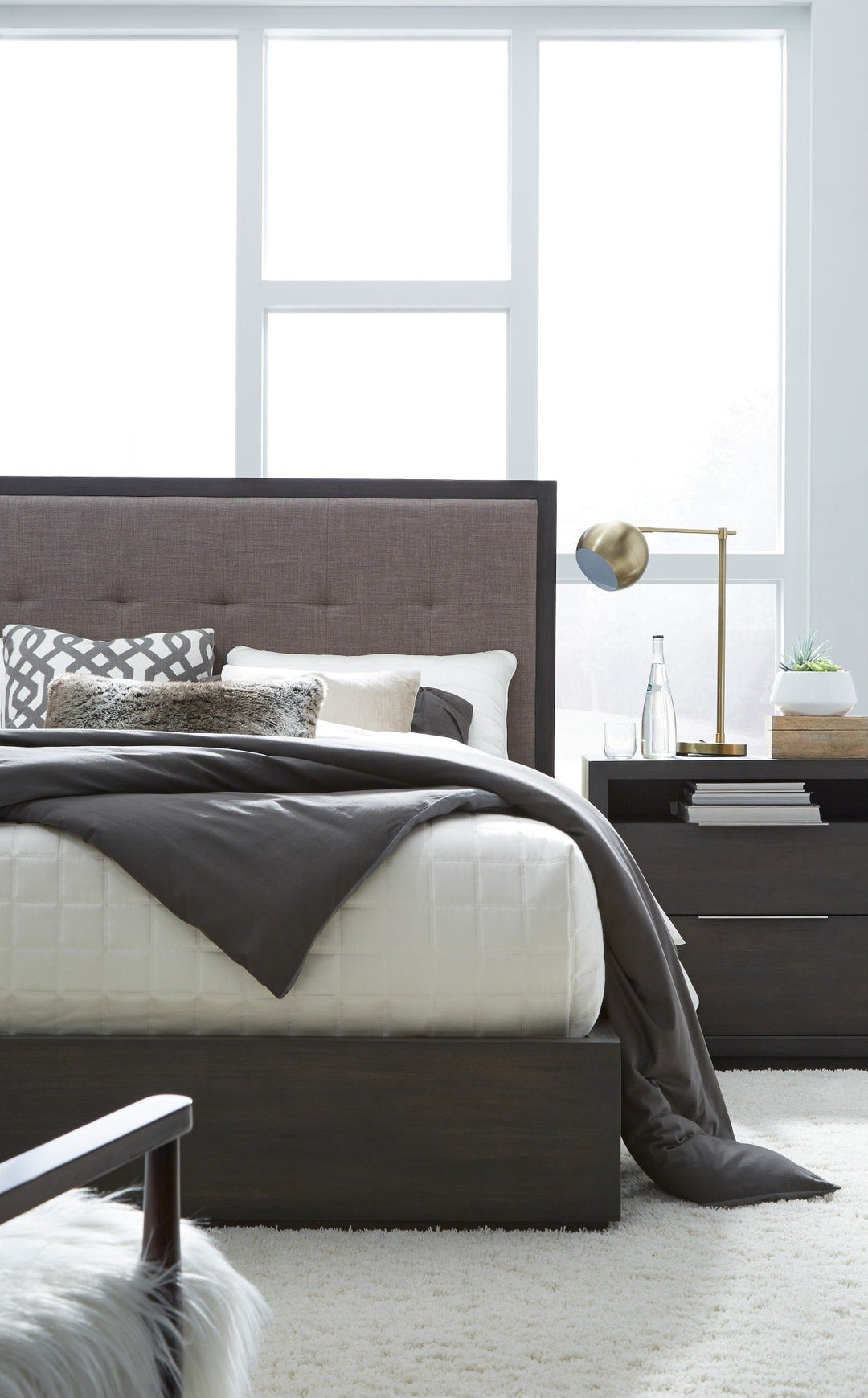 Oxford Upholstered Platform Bed in Basalt Grey styled in a bedroom