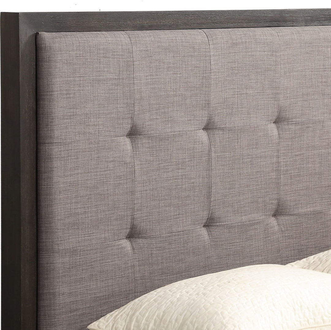 Oxford Upholstered Platform Bed in Basalt Grey — close-up of the button-tufted headboard