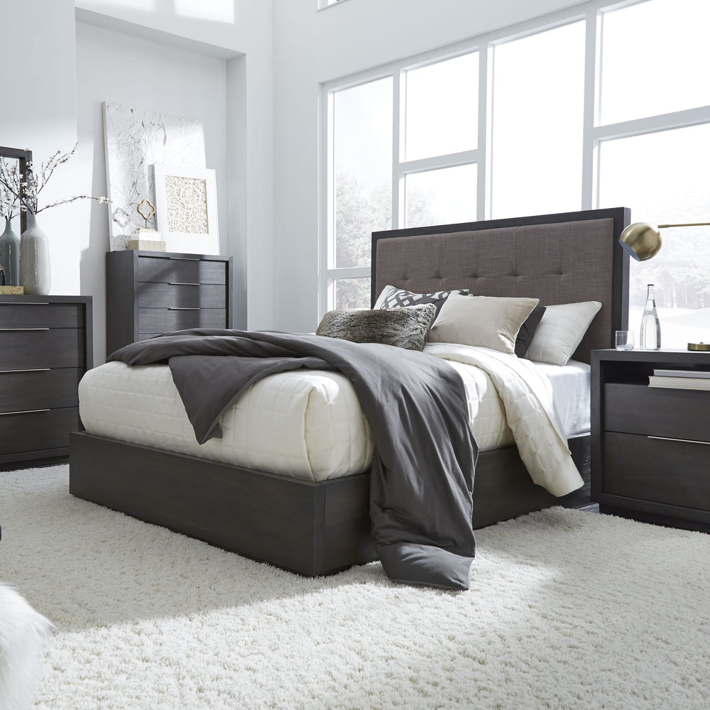 Oxford Upholstered Platform Bed in Basalt Grey styled in a bedroom