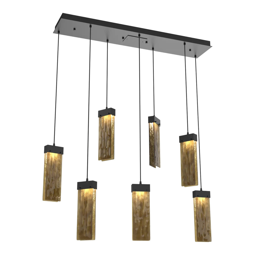 Parallel Linear Pendant Chandelier by Hammerton Studio – 7 Lights in Matte Black with Bronze Granite glass