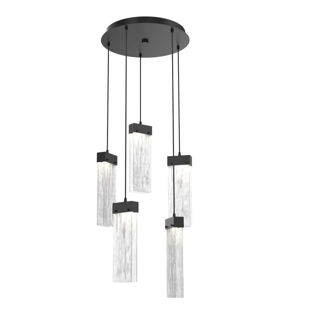 Parallel Round Pendant Chandelier by Hammerton Studio – 5 Lights in Matte Black with Clear Granite glass