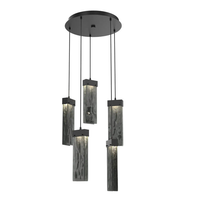 Parallel Round Pendant Chandelier by Hammerton Studio – 5 Lights in Matte Black with Smoke Granite glass
