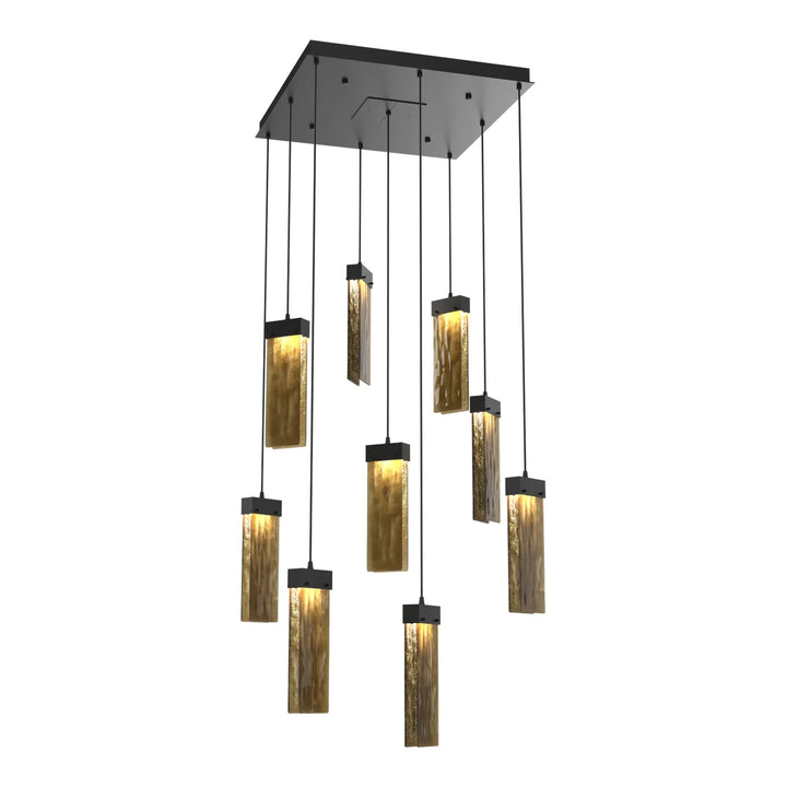 Parallel Square Pendant Chandelier by Hammerton Studio – 9 Lights in Matte Black with Bronze Granite glass