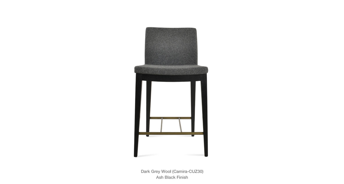 Pasha Wood Low Back Stool by Soho Concept — dark grey wool with black ash legs and brass footrest