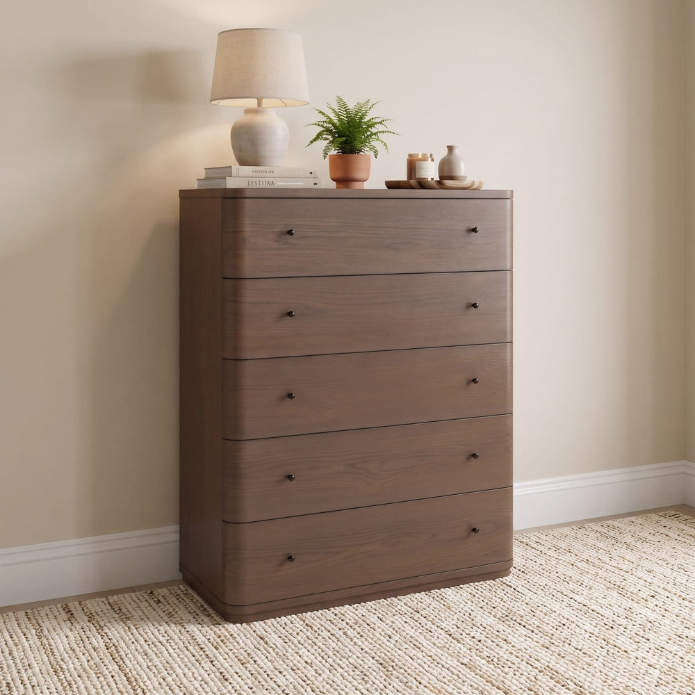 Penny Five Drawer Chest in Chocolate Mousse — styled in a room