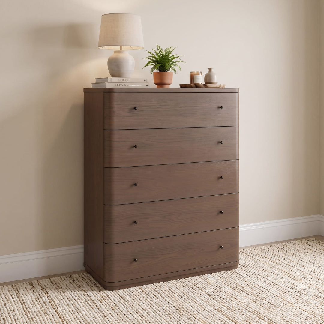 Penny Five Drawer Chest in Chocolate Mousse — styled in a room