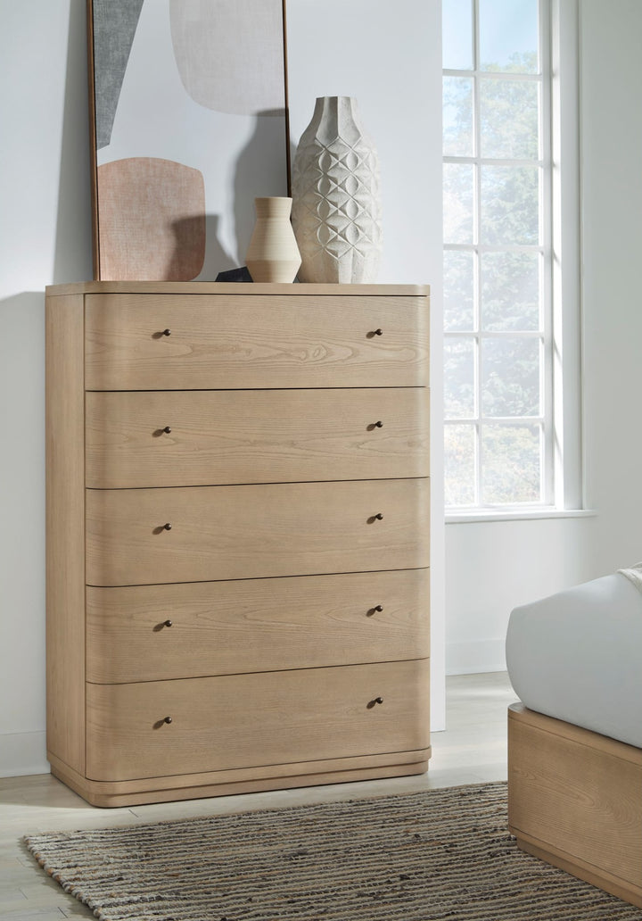 Penny Five Drawer Chest in Buff Cream — styled in a room