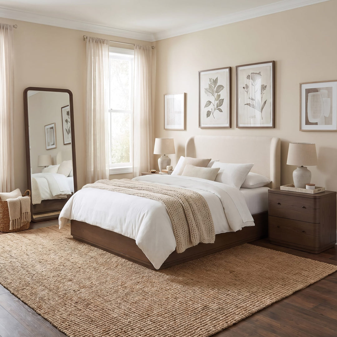 Penny Floor Mirror in Chocolate Mousse — in a bedroom setting