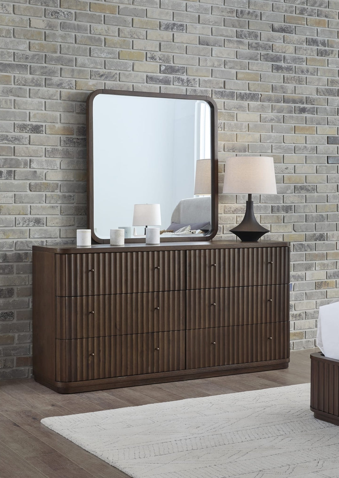 Penny Fluted Dresser Mirror in Chocolate Mousse — styled on the matching dresser (sold separately)