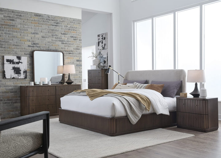 Penny Fluted Nightstand in Chocolate Mousse — in a bedroom setting