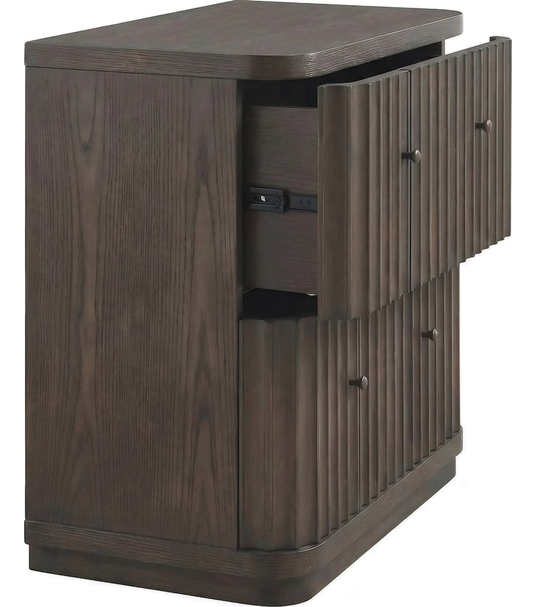Penny Fluted Nightstand in Chocolate Mousse — with drawers open