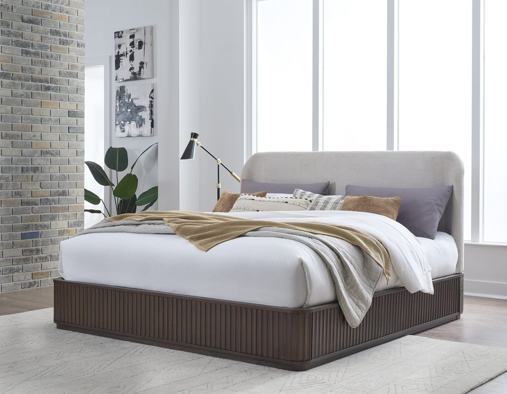 Penny Fluted Upholstered Bed in Chocolate Mousse styled in a bedroom