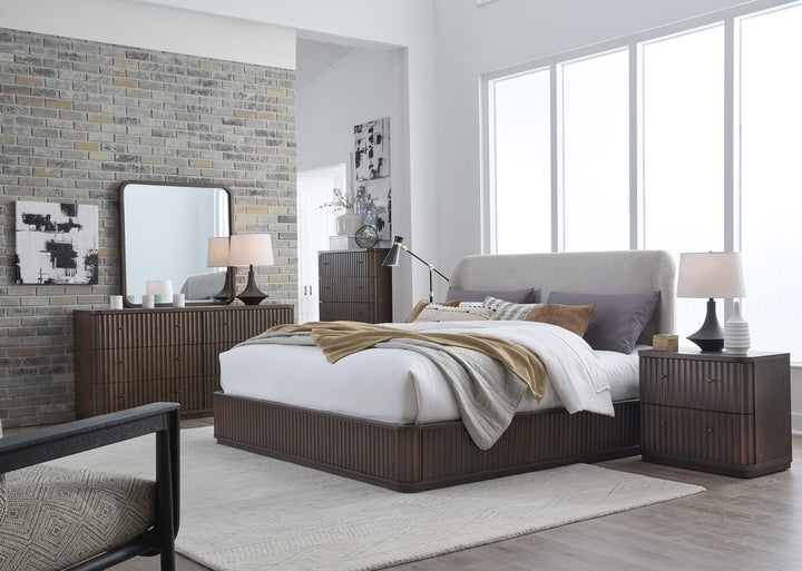 Penny Fluted Upholstered Bed in Chocolate Mousse styled in a bedroom
