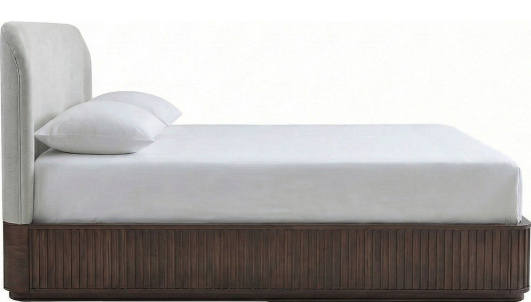 Penny Fluted Upholstered Bed in Chocolate Mousse — white background, side profile