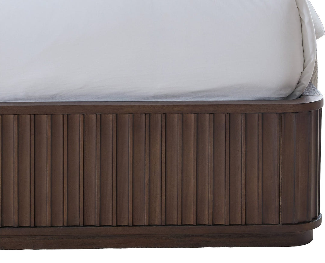Penny Fluted Upholstered Bed in Chocolate Mousse — close-up of the fluted base