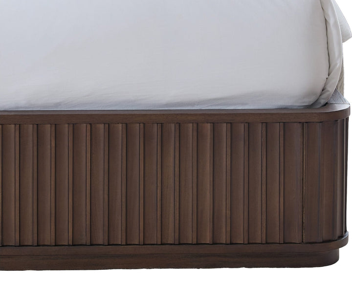 Penny Fluted Upholstered Bed in Chocolate Mousse — close-up of the fluted base
