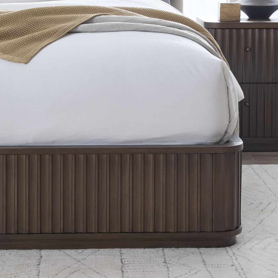 Penny Fluted Upholstered Bed in Chocolate Mousse styled in a bedroom