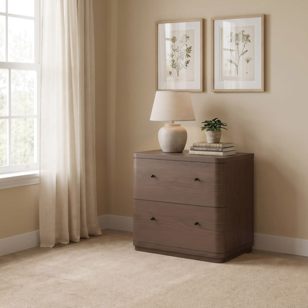 Penny Two Drawer Nightstand in Chocolate Mousse — styled in a room