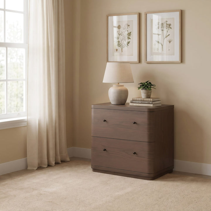 Penny Two Drawer Nightstand in Chocolate Mousse — styled in a room
