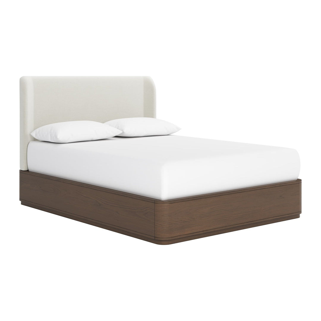 Penny Upholstered Platform Bed by Modus in Chocolate Mousse — white background, angled view