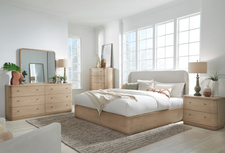 Penny Upholstered Platform Bed in Buff Cream styled in a bedroom