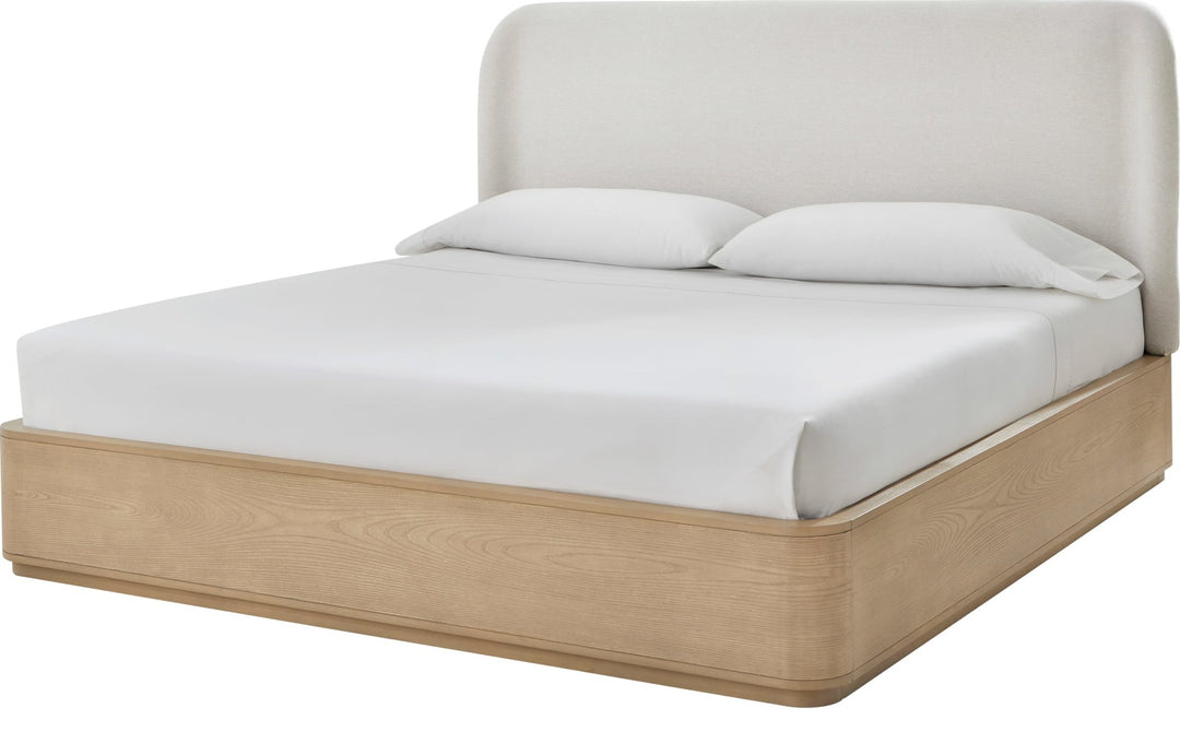 Penny Upholstered Platform Bed in Buff Cream — white background, angled view