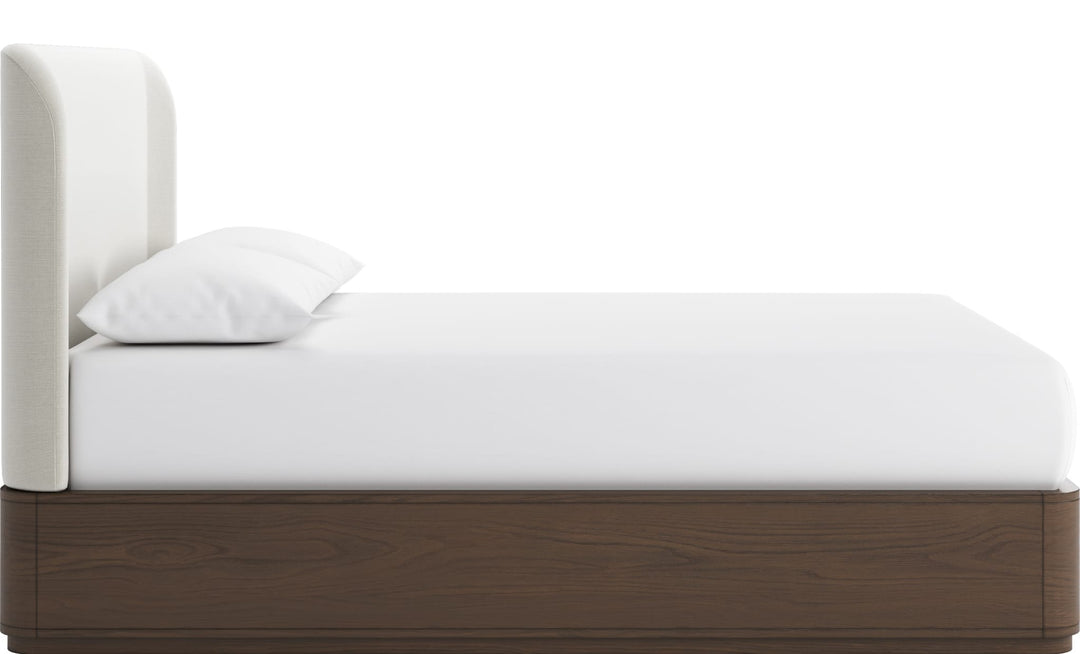 Penny Upholstered Platform Bed in Chocolate Mousse — white background, side profile