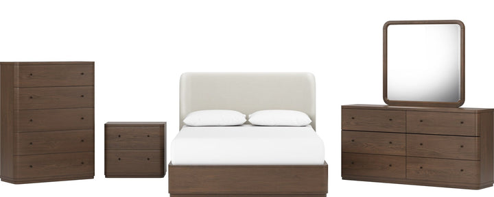 Penny Upholstered Platform Bed in Chocolate Mousse — shown with the Penny bedroom group — white background