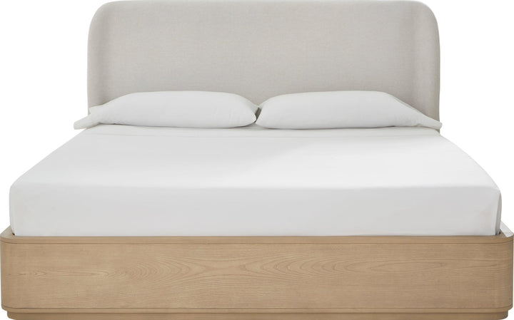 Penny Upholstered Platform Bed in Buff Cream — white background, front view