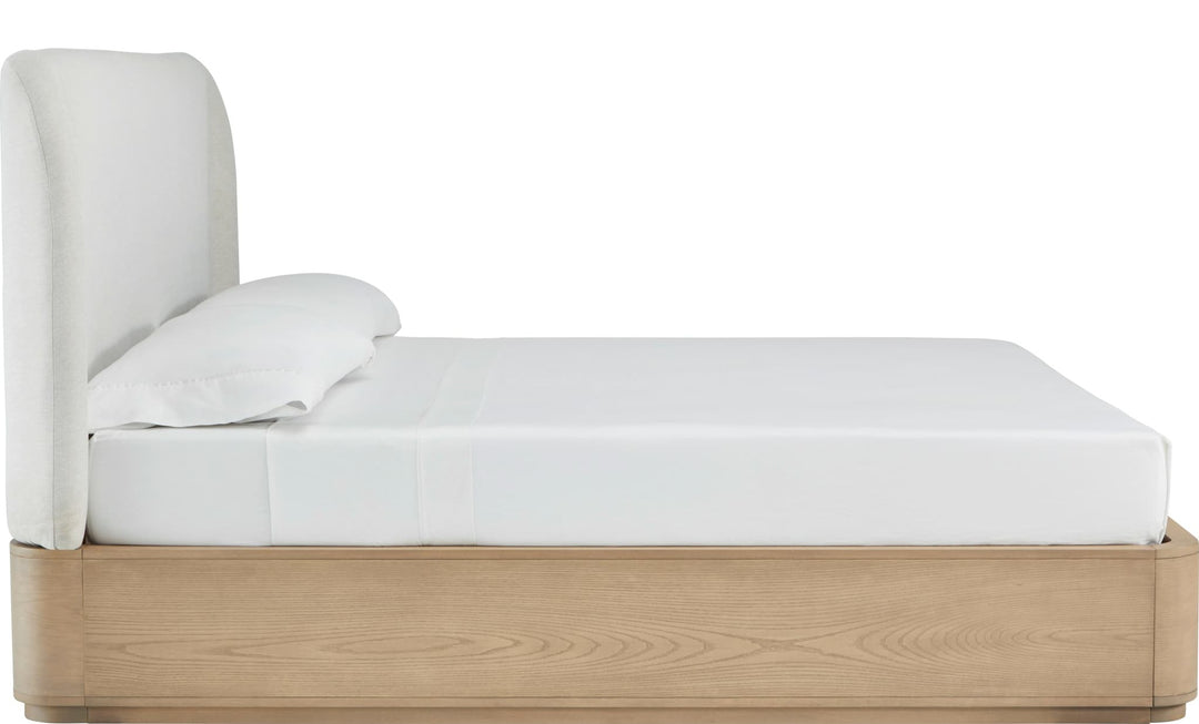 Penny Upholstered Platform Bed in Buff Cream — white background, side profile