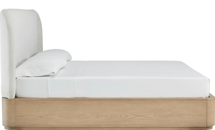 Penny Upholstered Platform Bed in Buff Cream — white background, side profile