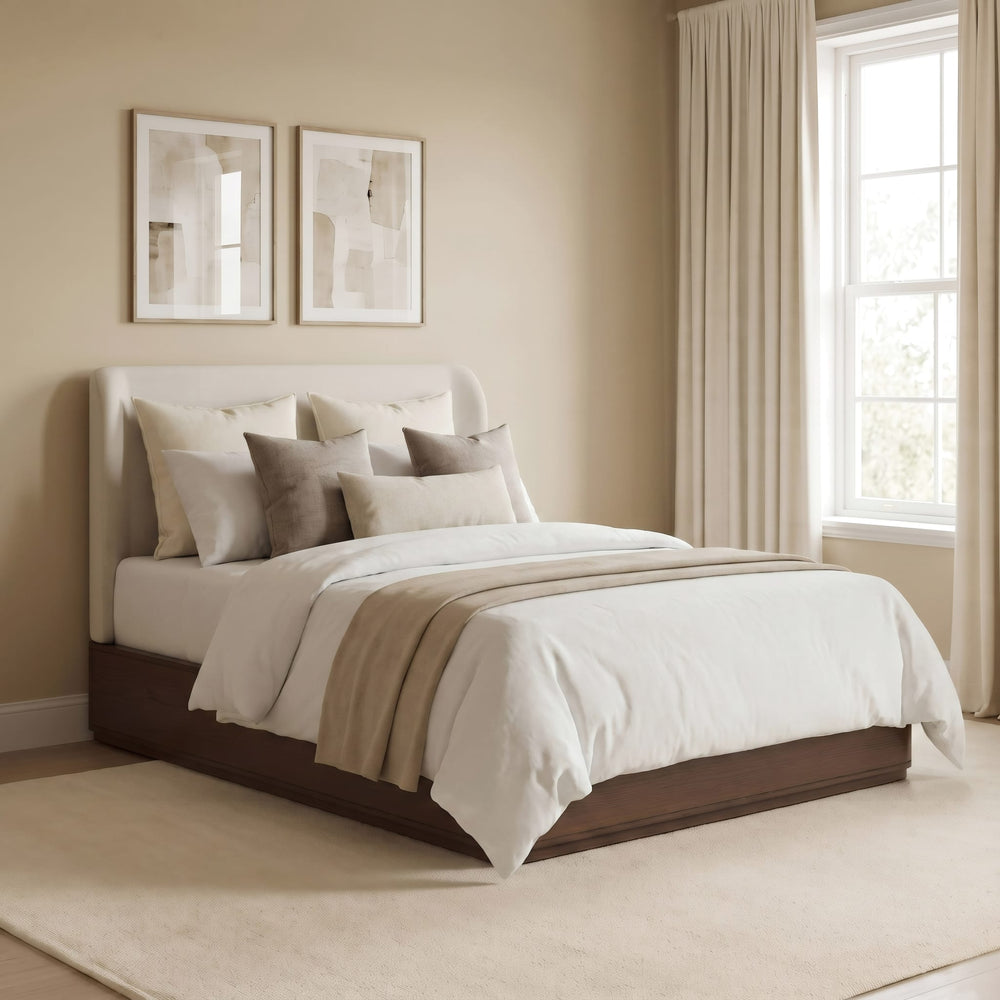 Penny Upholstered Platform Bed in Chocolate Mousse styled in a bedroom
